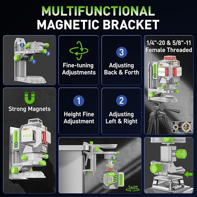 Huepar Pro Laser Level 3 x 360 Self Leveling Red Beam Laser Tool, High Accuracy Professional 3D Cross Line Laser with 8000mAh Rechargeable Li-ion Battery, Magnetic Bracket & Hard Carry Case ZK03CR