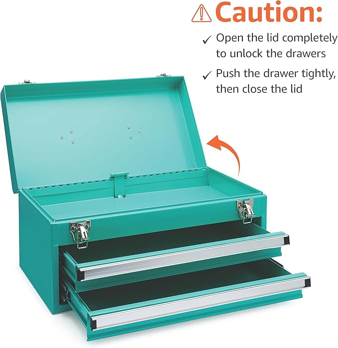 Amazon Basics Steel Tool Box Storage and Organization Drawers, 18.11 x 8.66 x 9.45 in, Turquoise Powder Coated Finish