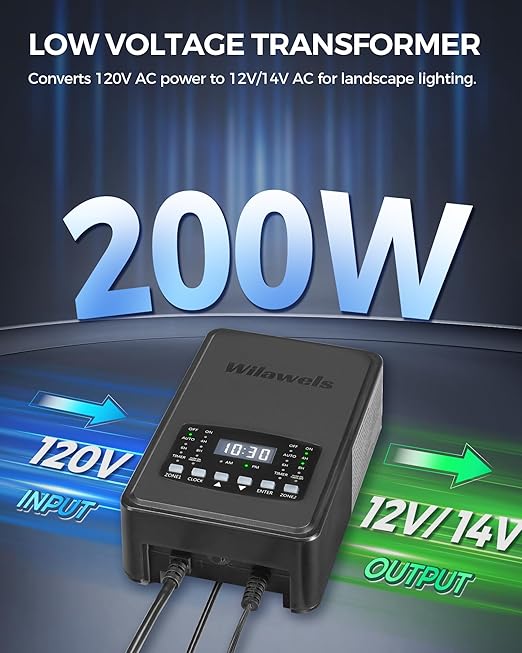 200W Low Voltage Landscape Transformer, 2 Zone Independent Control Landscape Lighting Transformer, 120VAC to 12/14V AC Low Voltage Transformer with Timer & Photocell Sensor ETL Listed D21LT06