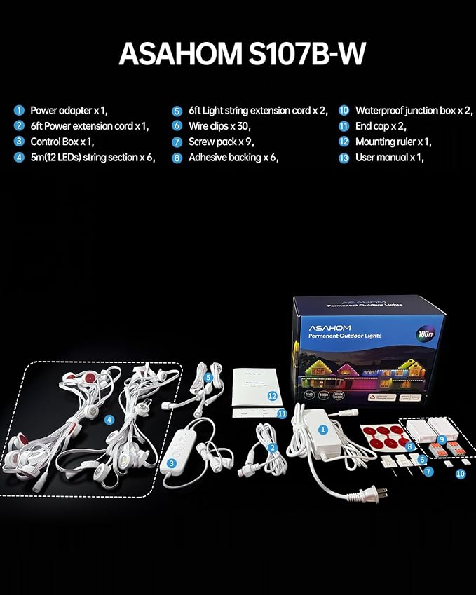 ASAHOM AI Permanent Outdoor Lights S107B, 100FT with 72 RGBCW LED Lights and Dual Output, 30,000 Lighting Effect Combination, IP67 Waterproof for House Halloween Christmas and Daily Decoration, White