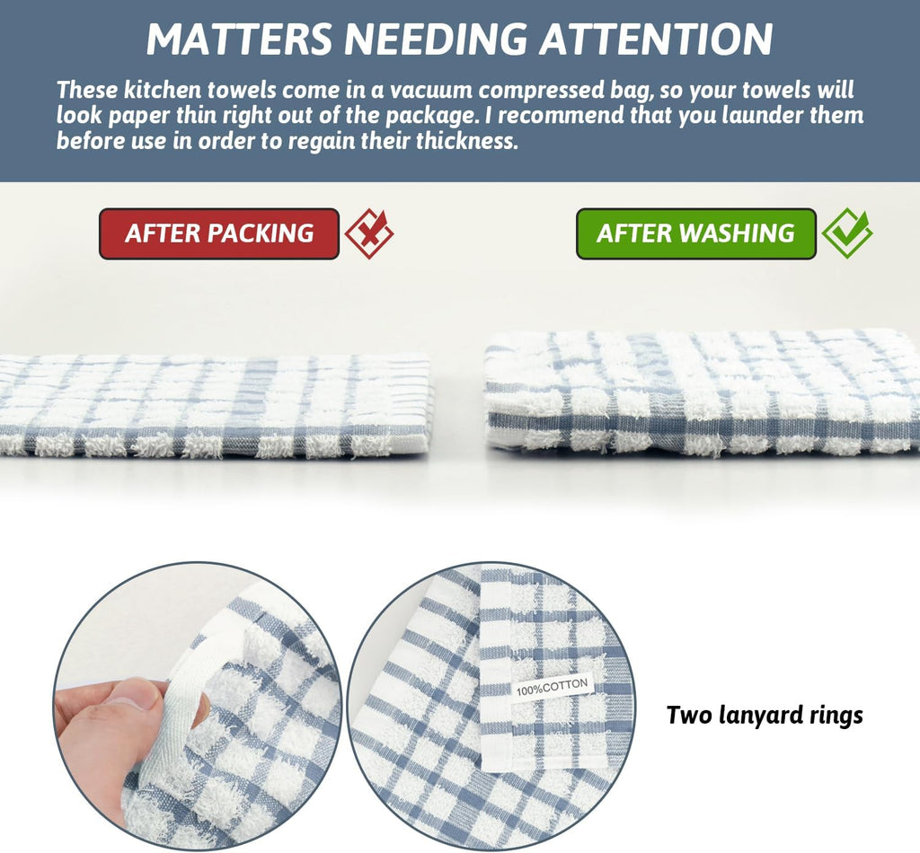 Nialnant 12PCS Kitchen Towels and Dishcloths Sets,100% Cotton Soft Absorbent Quick Drying Dish Towels for Kitchen,Washing Dishes-Little Blue Plaid,12 x 12 in