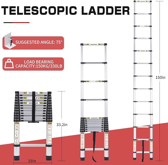 RIKADE Telescoping Ladder 12.5FT & Attic Ladder, Heavy Duty Aluminum with Non-Slip Feet, 330lb Capacity for RV, Attic, Roof & Multi-Surface Use