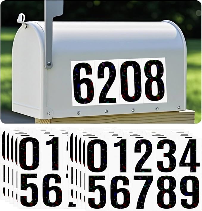 10 Sheets Reflective Vinyl Mailbox Number Stickers,Self-Adhesive Address Labels for Cars, House Doors, Windows & Metal Mailboxes (Black, 4 inch)