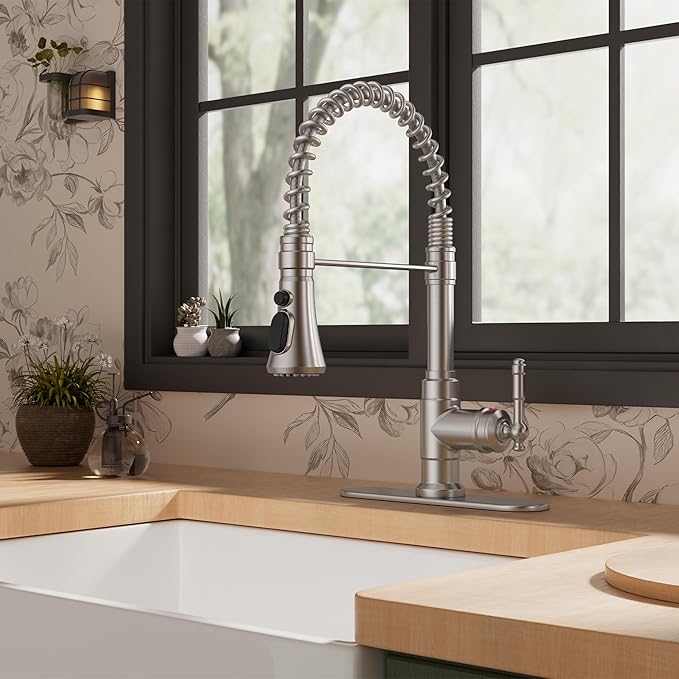 FORIOUS Vintage Kitchen Faucet Pull Down Sprayer Brushed Nickel Stainless Steel, High Arc Single Handle Antique Sink Faucet 1 or 3 Holes for Pot Filler, Farmhouse Camper RV Wet Bar