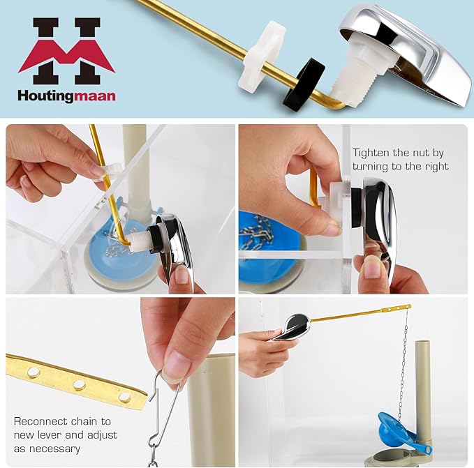 Houtingmaan Toilet Handle Replacement Kit,Toilet Handle Lever for Most Front Mount Toilets, Universal Brass Toliet Flush Handle Lever with Stainless Steel Flapper Chain,Chrome