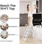 6 Step Ladder, Folding Step Stool with Handgrip and Anti-Slip Wide Pedal, Portable Lightweight Aluminum Stepladder for Kitchen, Home, Library, Office (300 lbs Capacity) - White