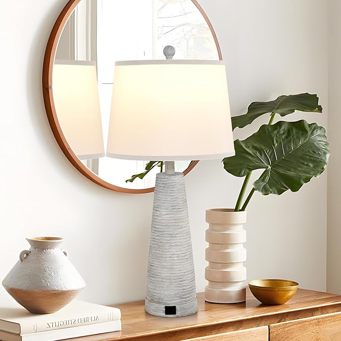 Terpsichore Bedside Lamps Set of 2 Nightstand Lamp Desk Lamps Vintage Rustic Farmhouse Table Lamp 3 Way Dimmable Light,Suitable for Living Room Bedroom,with Linen Shade LED Bulb,USB A+C Port