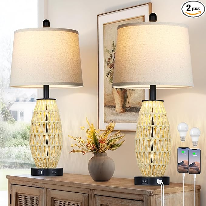 27“ Beige Boho Rattan Table Lamps with Night Light, Natural Bedroom Lamps Set of 2 with USB A+C Charging Ports, Rustic Farmhouse Woven Wicker Bedside Nightstand Lamp for Living Room End Tab