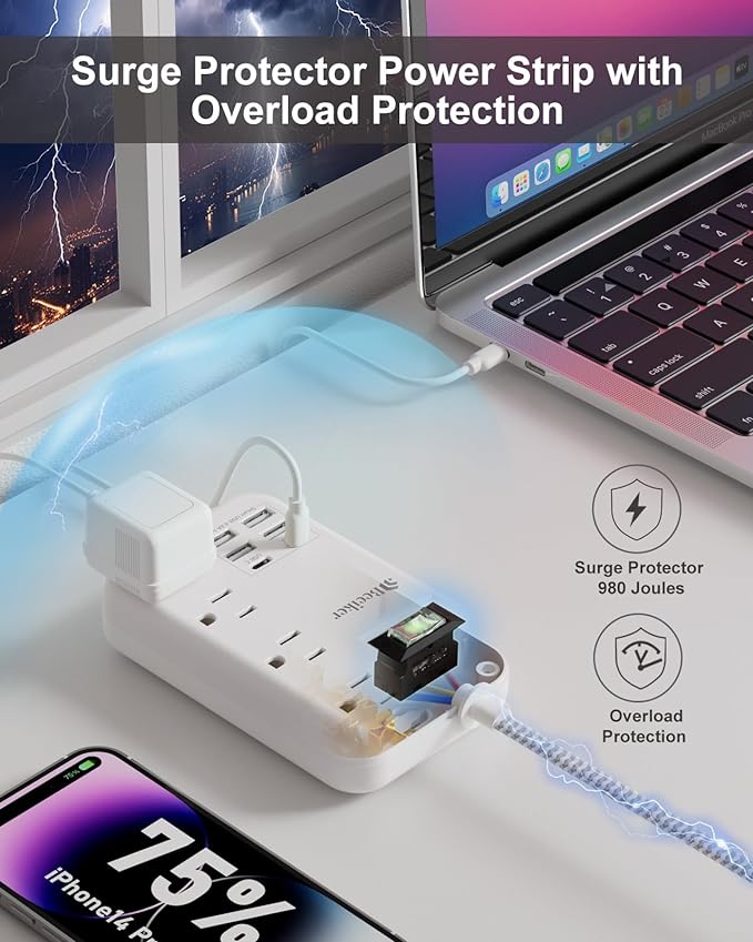 6 USB(2 USB C) Surge Protector Power Strip- 5Ft Travel Power Strip with 4.8A USB Charging Station and 4 Extendable Outlet, 13A Flat Plug Braided Extension Cord with Wall Mount for Travel Office Dorm