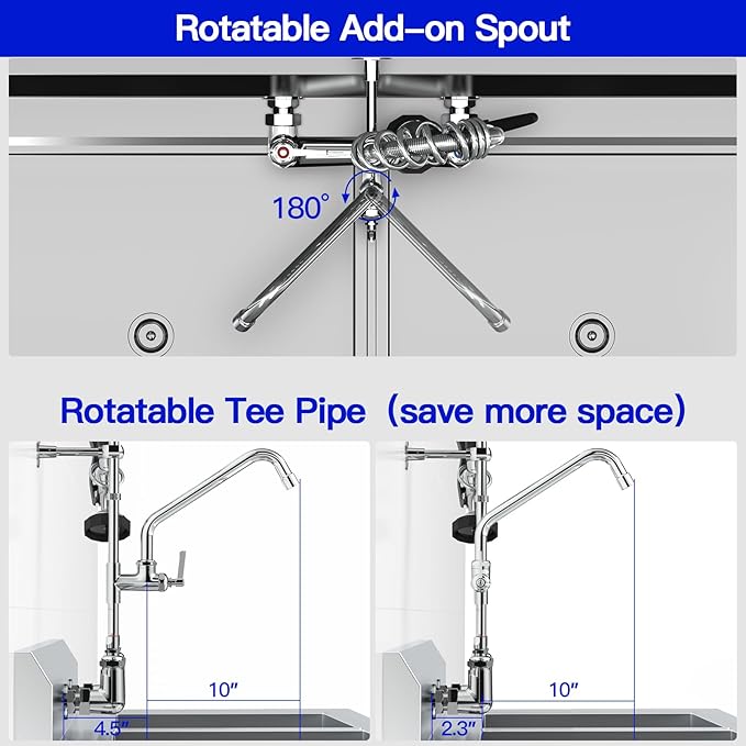 Commercial Faucet with Pre-Rinse Sprayer : 25" Height 8" Adjustable Center Wall Mount Commercial Kitchen Sink Faucet with Pull Down Spray & 10" Add-on Swing Spout for 1/2/3 Compartment Sink