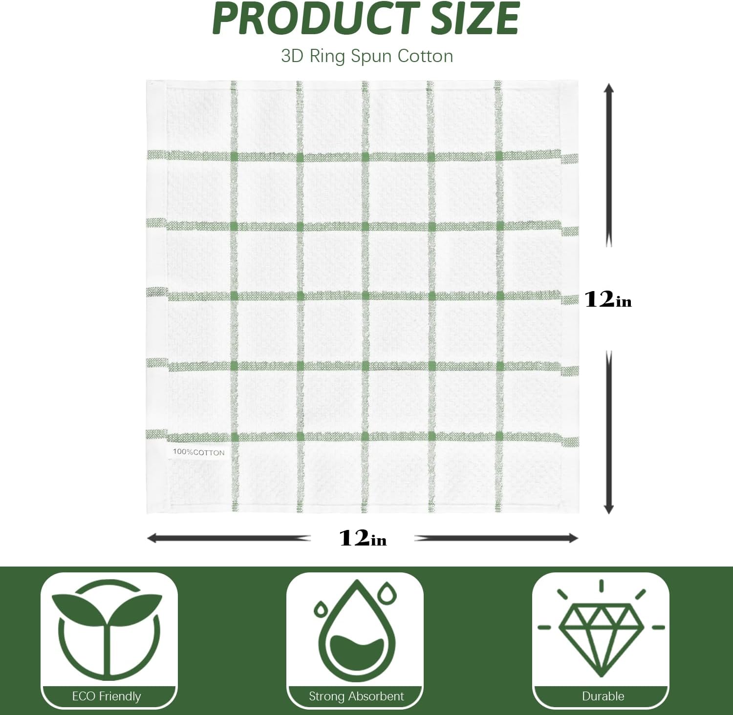 Nialnant 8 Pack Dish Cloths for Washing Dishes, 100% Cotton Reusable Cleaning Rag, Quick Drying Dish Towels for Kitchen,12x12 Inches,Green Plaid