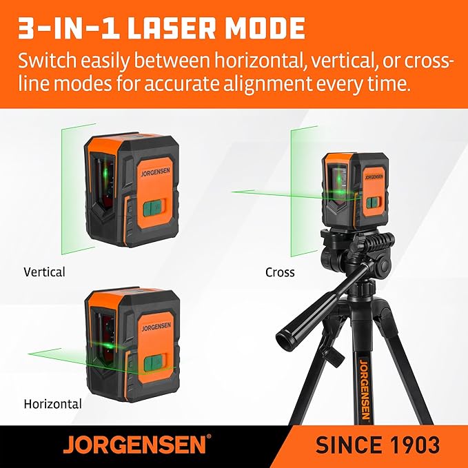 JORGENSEN Laser Level with Tripod, 100 FT Dual Modules Self Leveling Cross Line Laser Leveler Tool with 360° Magnetic Base, Green Laser Level for Picture Hanging, Tile, Home Renovation, Indoor Project