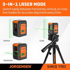 JORGENSEN Laser Level with Tripod, 100 FT Dual Modules Self Leveling Cross Line Laser Leveler Tool with 360° Magnetic Base, Green Laser Level for Picture Hanging, Tile, Home Renovation, Indoor Project