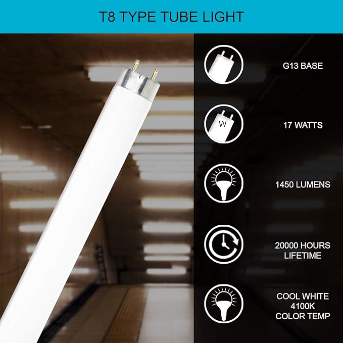 Dysmio Lighting F17T8-CW 17 Watt T8 Straight Tube, Medium Bi-Pin Base, 4100K - Cool White Pack of 8