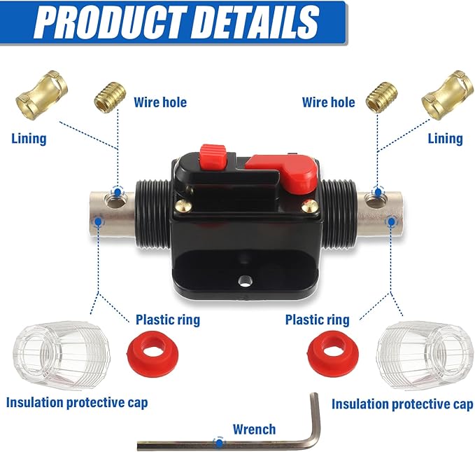 BOJACK 30A Audio Inline Circuit Breaker Reset Fuse Holder 12-24V DC Manual Reset Fuse Holder 3-15 AWG Overload Protection for Car Audio Sound Amplifier System RV Marine Boat Truck Solar Inverter