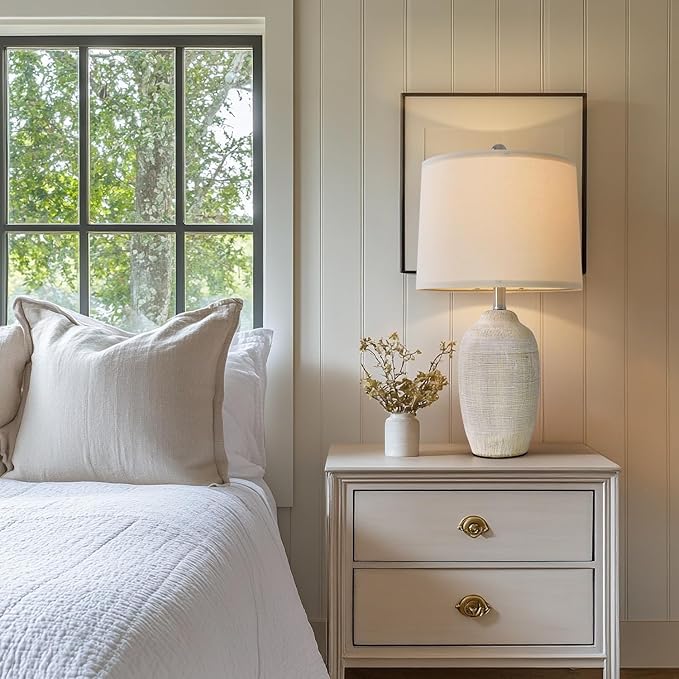 24 inch Vintage Ceramic Table Lamp - Single Farmhouse Rustic Bedside Lamp with Natural Textured Finish, Nightstand Lamps for Living Room, Bedroom, End Table