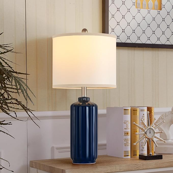 Lamp for Living Room Bedroom Lamps Farmhouse Table Lamps Set of 2 Vertical Stripe Ceramic Table Lamp,Linen Shade with Bulb, 25 in High,Navy Blue
