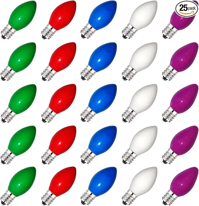 C7 Multicolor Christmas Replacement Bulbs, 25 Pack Ceramic Color Christmas Light Bulbs, Vintage Edison Light Bulbs for C7 Christmas Lights Night Light Candle Chandelier, E12 Candelabra Base, 5 Watt
