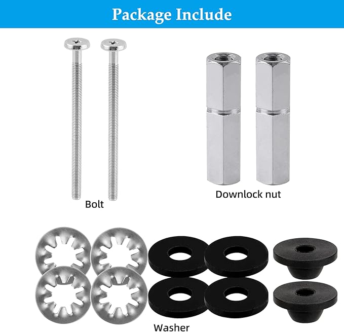 Hibbent 2 PCS Universal Toilet Seat Bolts Kit, Heavy Duty Stainless Steel Toilet Bolts with Extra Long Downlock Nuts Rubber Washers Gaskets, Easy to Install -Bathroom Toilet Repair Screw