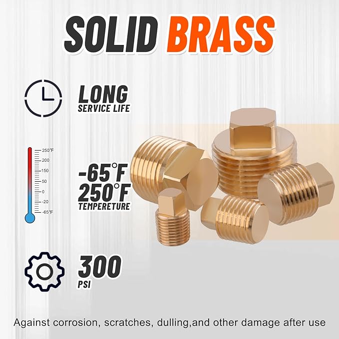18PCS Brass Pipe Fitting,1/8" 1/4" 3/8" 1/2" 3/4" NPT Male Square Head Plug Brass Cored Plugs Fittings for Boat,Gas,Drain Plug