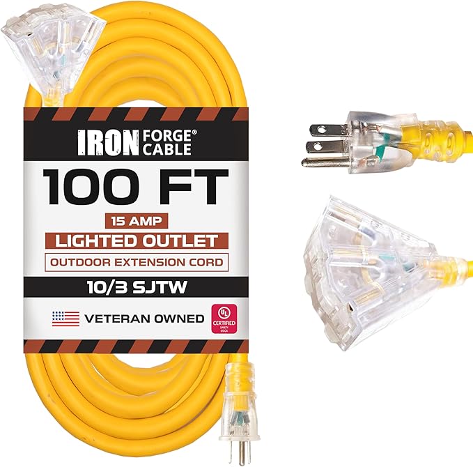 Iron Forge Cable 10 Gauge 100ft Lighted Outdoor Heavy Duty Extension Cord with 3 Outlets - 15 Amp 10/3 SJTW Yellow Extension Cord with Multiple Outlets