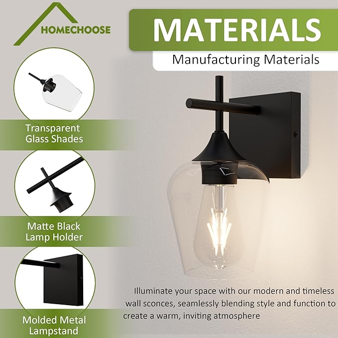 Vanity Bathroom Light, 1-Light Bathroom Light Fixtures Over Mirror, Black Vanity Lights for Bathroom with Clear Glass, Modern Wall Lamp for Cabinet Hallway, Bedroom