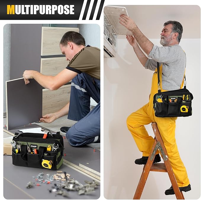 12-Inch Mini Small Tool Bag, 15-Pocket Portable Tool Box Organizer Storage, Heavy Duty Tactical Carrying Tote, Home Toolbag with Large Zipper, Father Day Dad Men Engineer Electrician Gift, Green