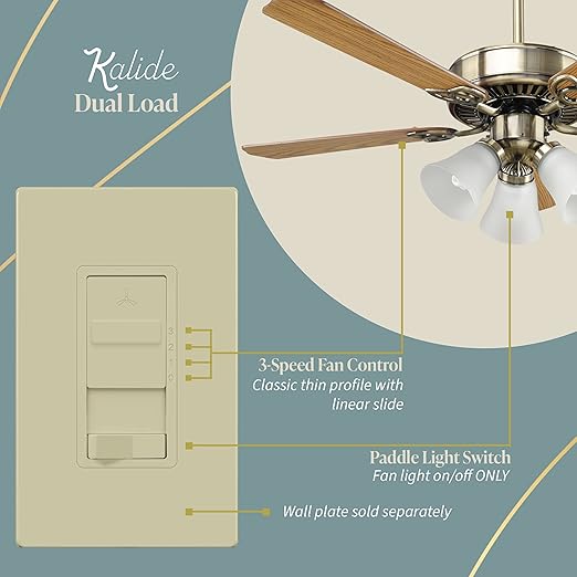 TOPGREENER Kalide Light Switch and 3-Speed Ceiling Fan Control Combo, in Wall Light and Fan Combination Switch, Single Pole, 2.5A, 720W, Neutral Wire Not Required, TGSFS3-I, Ivory