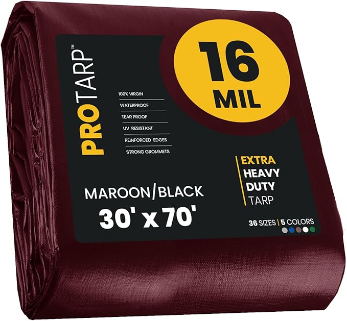 PROTARP Extra Heavy Duty 16 Mil Tarp Cover, Waterproof, UV Resistant, Rip and Tear Proof, Poly Tarpaulin with Reinforced Edges for Roof, Camping, Patio, Pool, Boat. (Maroon/Black 30′ X 70′)