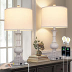 26" Farmhouse Table Lamps Set of 2, Rustic Touch Control Bedside Lamps with 2 USB Ports & AC Outlet, Vintage Resin 3-Way Dimmable Nightstand Lamp Linen Fabric Shade for Living Room Bedroom Decor Gray
