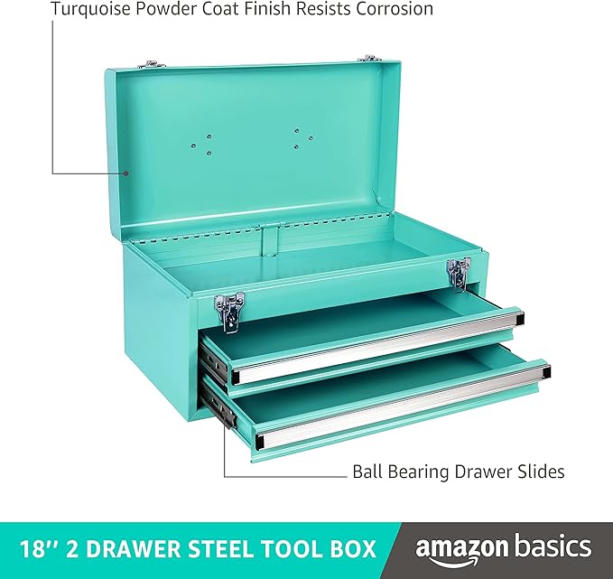 Amazon Basics Steel Tool Box Storage and Organization Drawers, 18.11 x 8.66 x 9.45 in, Turquoise Powder Coated Finish