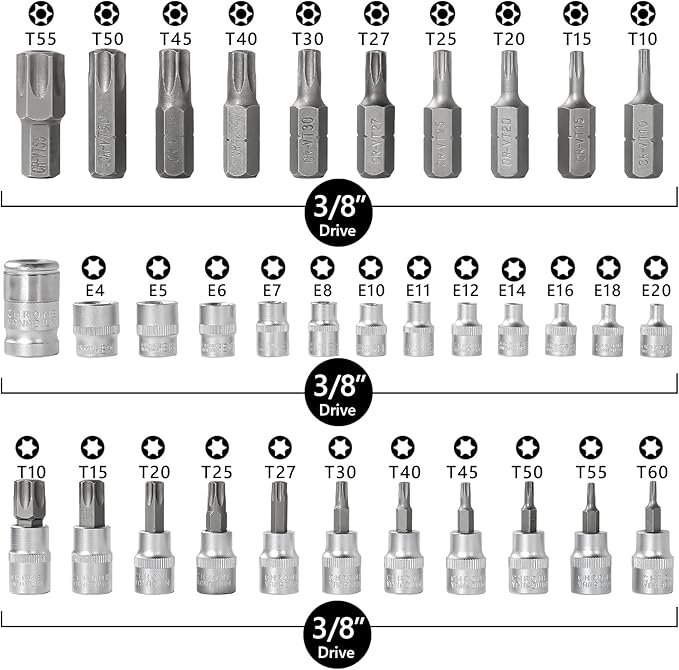 Drive Male Female Torx Star Bit Socket E-Socket Set Handheld Tool - 34 Pcs, Star Socket Set For Hand Use Work On Cars, Trucks, Machinery, and Other Jobs With Storage Case, Blue