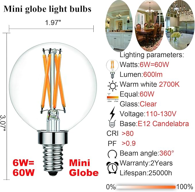 LiteHistory Dimmable G16.5 LED Light Bulb 6W Equal 60W 600lm AC120V Candelabra Bulb 60W for Chandeliers, Ceiling Fan, Vanity Warm White 2700K Globe Light Bulb 6Pack