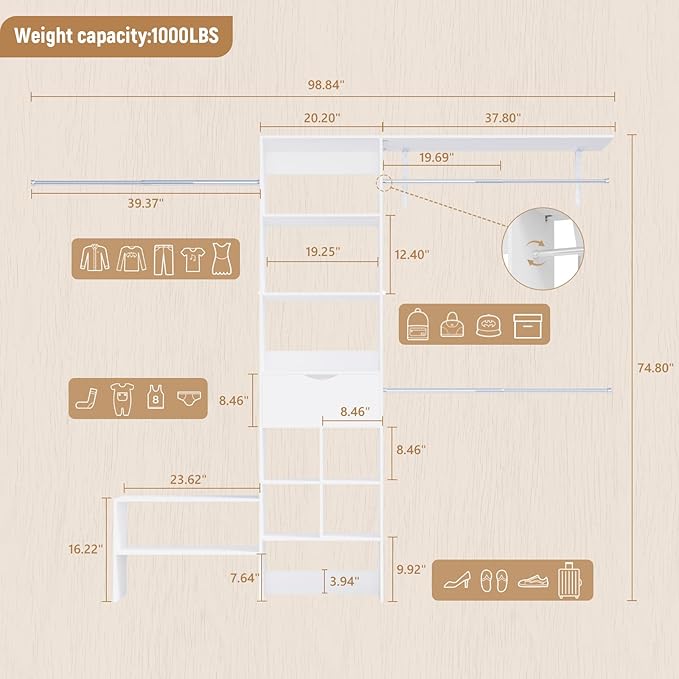 Wood Closet Organizer System, Closet Organizer with 3 Hanging Rods & 1 Wooden Drawer – Adjustable Closet System for Walk-In Closets, Wood Shelves, Fits Spaces 3-8ft, Pure White