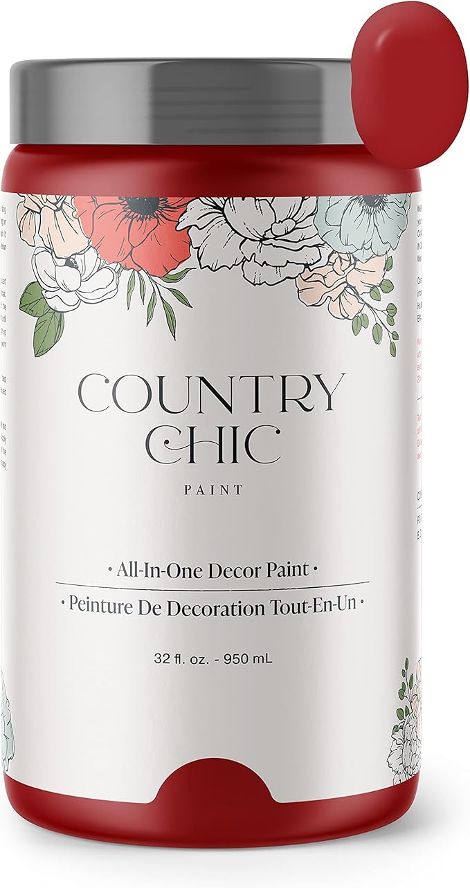 Country Chic All-in-One Chalk Paint for Furniture, Cabinets, Home Decor, Eco-Friendly, Matte Finish, Built-In Primer & Top Coat for Wood, Metal - Poppy (Bright Red) - Quart 32 oz (950 ml)
