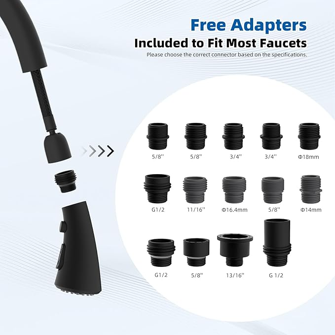 Hibbent Curved Pull Down Kitchen Faucet Head Replacement, 3-Function Kitchen Sink Spray Nozzle with 14 Adapters, Anti-Splash, Compatible with Kohler Bent Faucets, Matte Black