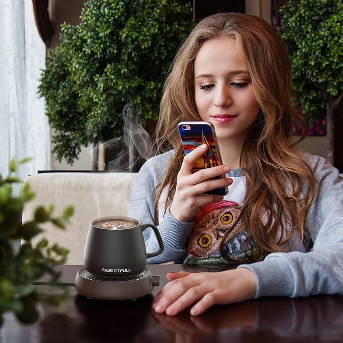 SWEETFULL Mug Warmer for Coffee and Tea Coffee Mug Warmer Set W/Mug and Lid Coffee Warmer As Coffee Gifts for Desk Office Coffee Lovers. （20W Cup Warmer Candle Warmer Auto Shut Off） (Wood Grain)