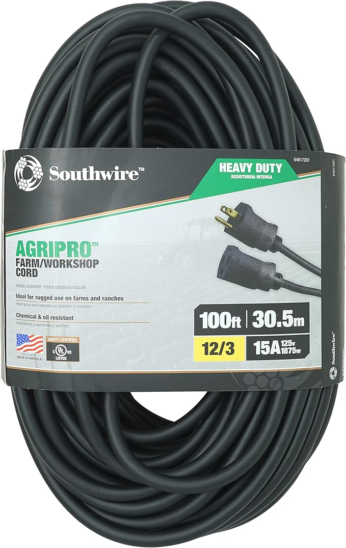 Southwire AgriPro 12 Gauge Heavy Duty Extension Cord - All-Copper Wire - Extra Durable Molded Plug - Cold Weather Rated - Oil & Chemical Resistant - UL Listed - Farm & Workshop Ready - 100 Feet