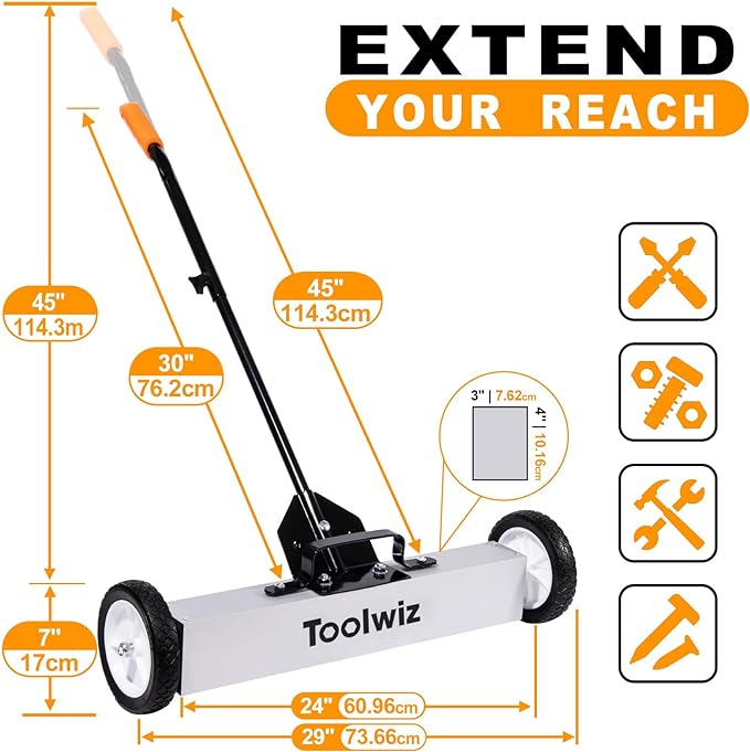 Toolwiz Magnetic Pick Up Sweeper with Wheels 24-inch Large Magnet Pickup Lawn Sweeper Roofing Tools, 33Lbs Yard Tools with Telescoping Holder and Quick Release Latch for Heavy Duty Metal Clean up