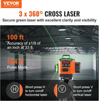 VEVOR 100ft Self Leveling Laser Level, Manual Green 3 x 360° Cross Line Laser, Manual Self-leveling Mode 12 Lines Laser, IP54 Waterproof 8h Continuous Working Time Line Laser