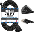 Iron Forge Cable 75 Ft Black Extension Cord with 3 Outlets - 16/3 SJTW 75 Foot Extension Cord 3 Prong, Weatherproof Exterior Power Cable for Outdoor
