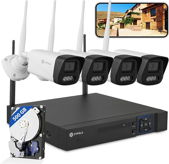 Zypola® Wireless Security Camera System, 4CH NVR with 4 WiFi Outdoor Cameras and 500GB HDD, 1080P Full HD Video, Color Night Vision, Human Motion Detection, Weatherproof for Home Business