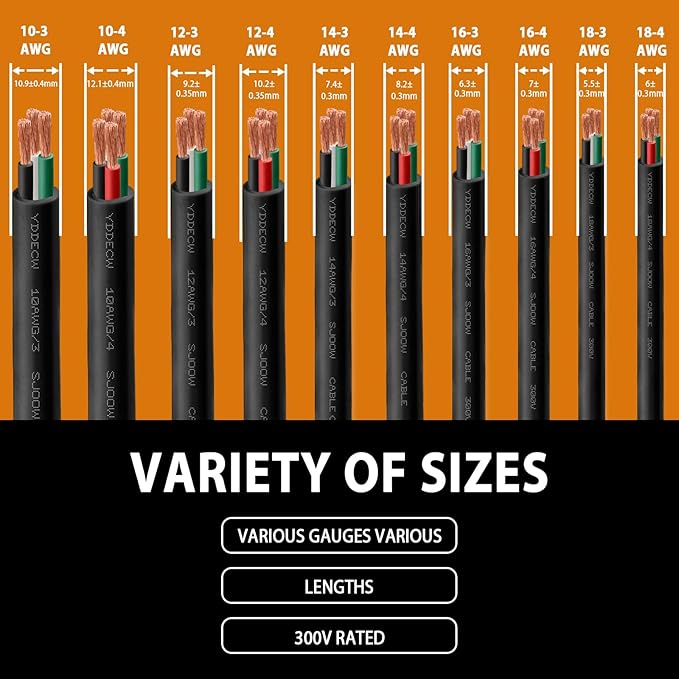 50ft 10/4 10 AWG Portable Power Cable (4 Conductor) - SJOOW 300V 10 Gauge Electric Wire for Motor Leads, Portable Lights, Battery Chargers and Machinery - 4 Conductor - 50 Feet Electrical Cord