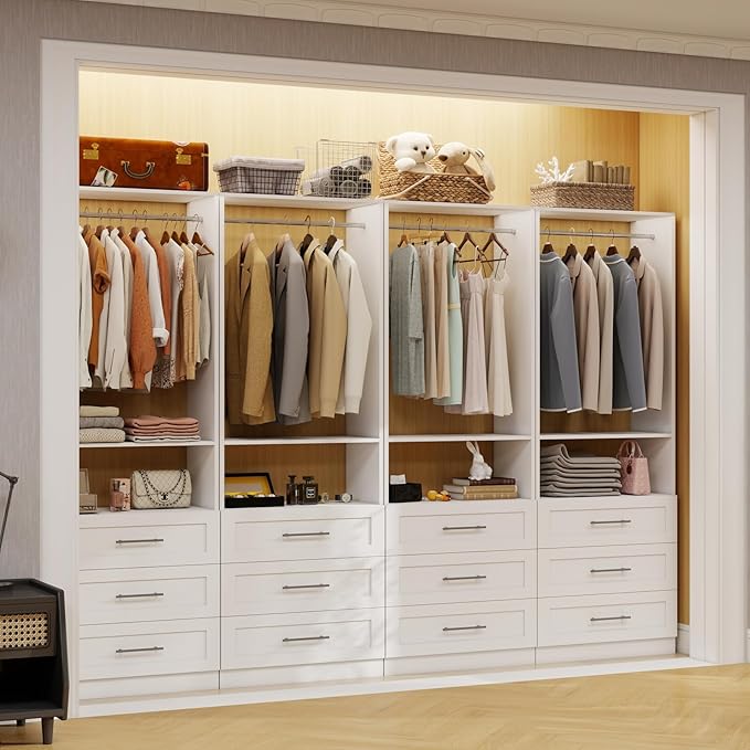 Closet System with 12Drawers, Modular Closet Organizer System with 8 Hanging Rod, Custom Closet Storage System for Small Walk-in Closet, 4 Sets,White (8FT)