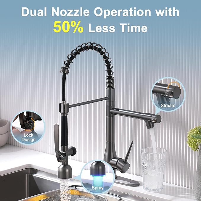 GIMILI Black Stainless Kitchen Faucet with LED Single Handle Kitchen Sink Faucet with Pull Down Sprayer Commercial Double-Headed Stainless Steel Kitchen Faucets Sink with Deck Plate
