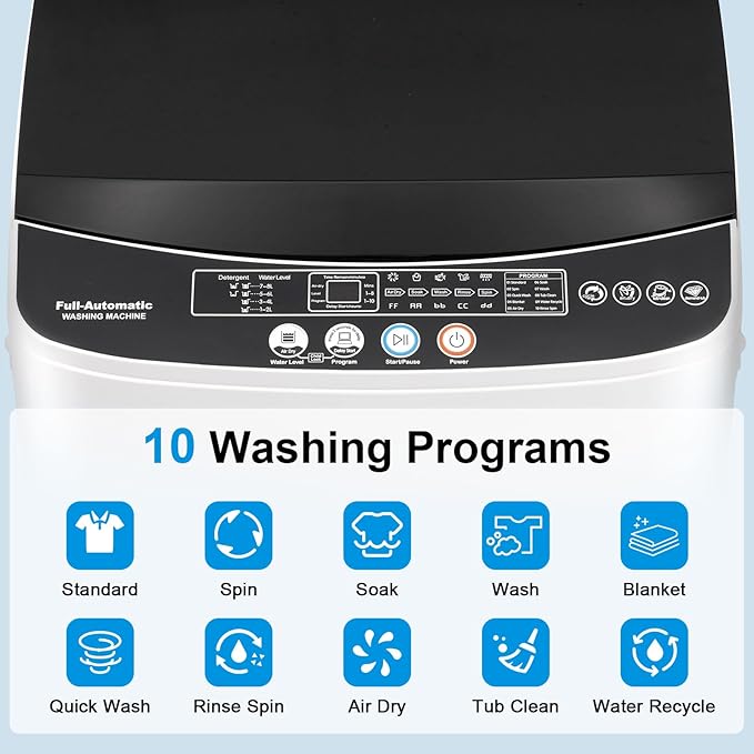 Portable Washing Machine, 17LBS Full Automatic Washer with Spinner, 10 Programs Compact Laundry Machine for Apartment, RV, Dorm Home Use, Mini Washing Machine Perfect for Small Spaces