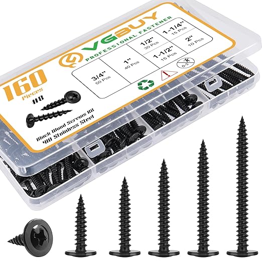 160Pcs #8 Modified Truss Head Wood Screws Assortment Kit, Stainless Steel 410 Quick Metal,Black Zinc Plated,Self Tapping Screws, 6 Sizes (1/2", 3/4", 1", 1-1/4", 1-1/2", 2")