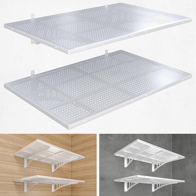 2-Pack 2x3ft Heavy Duty Garag e Wall Shelving, 500 lbs Load Capacity, Garage Shelving Wall Mounted, Garage Storage Rack with Hooks, White