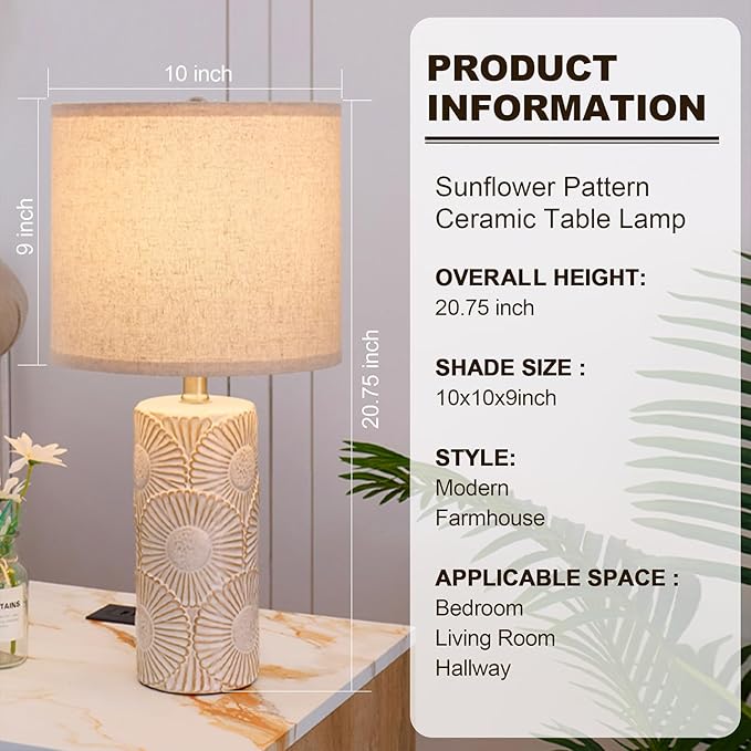 20.75" White Ceramic Lamps Set of 2 with Floral Design, Farmhouse White Table Lamp for Living Room, Bedroom, Beige Lamps for Nightstands Set of 2