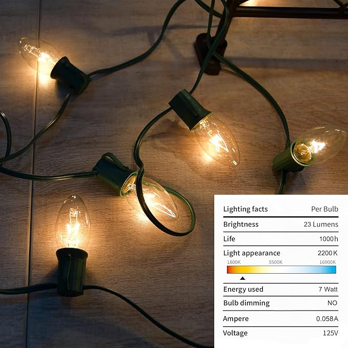 25 Pack C9 Replacement Light Bulbs, C9 Clear String Lights Repalcement Bulbs Fits in C9/E17 Intermediate Base, 7W Night Light Bulbs for Indoor Outdoor Christmas String Light Patio Holiday